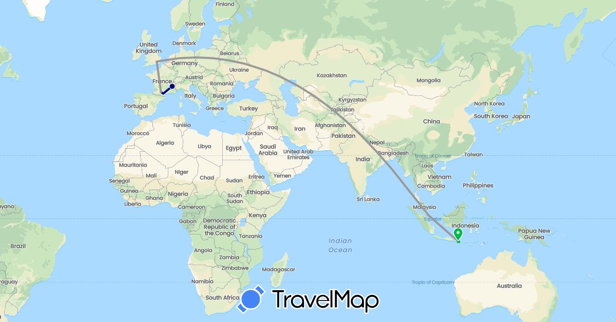 TravelMap itinerary: driving, bus, plane in France, United Kingdom, Indonesia, Singapore (Asia, Europe)
